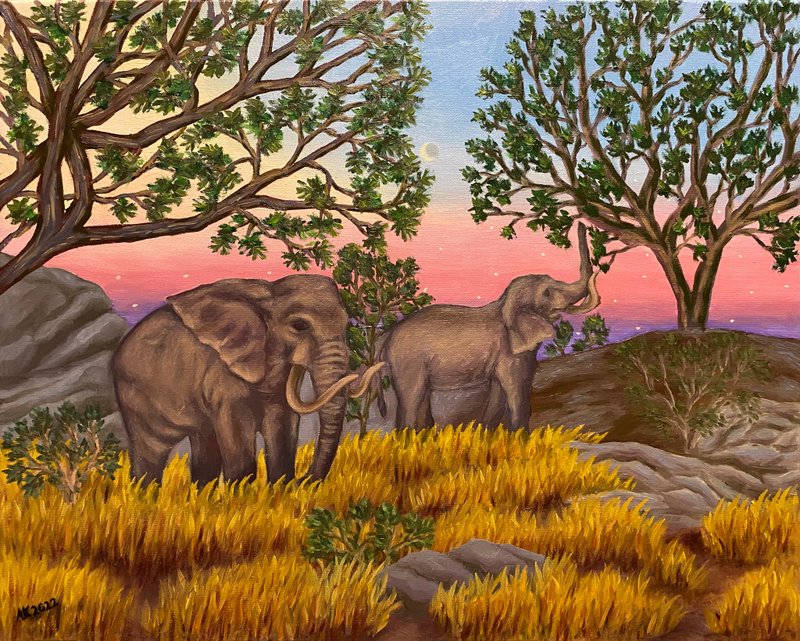 Evening in Africa, original oil painting, oil on canvas, Kenya, elephant, nature - ตกแต่งผนัง - วัสดุอื่นๆ หลากหลายสี