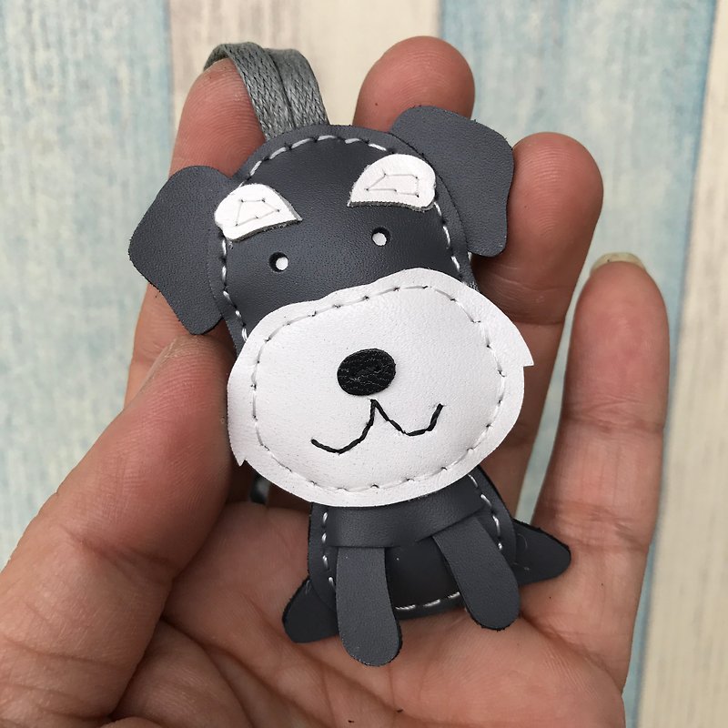 Healing small things dark gray / white Schnauzer pure hand-sewn handmade leather charm small size - Charms - Genuine Leather Gray