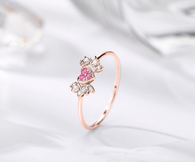 ピンクサファイアK14ダイヤモンドハート型エンゲージリングキューピッドウィングスウェディングリングエンジェルウィングスダイヤモンドリング - ショップ  Majade Jewelry Design リング - Pinkoi