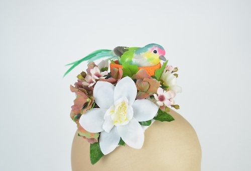 Elle Santos Headpiece Fascinator Cocktail Hat with Bright Feathered Bird in Nest