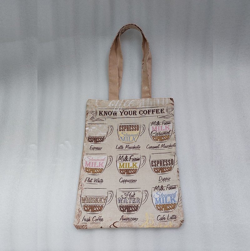 Strong reusable beige tote bag, cotton canvas bag with a cup of coffee - กระเป๋าถือ - ผ้าฝ้าย/ผ้าลินิน สีนำ้ตาล
