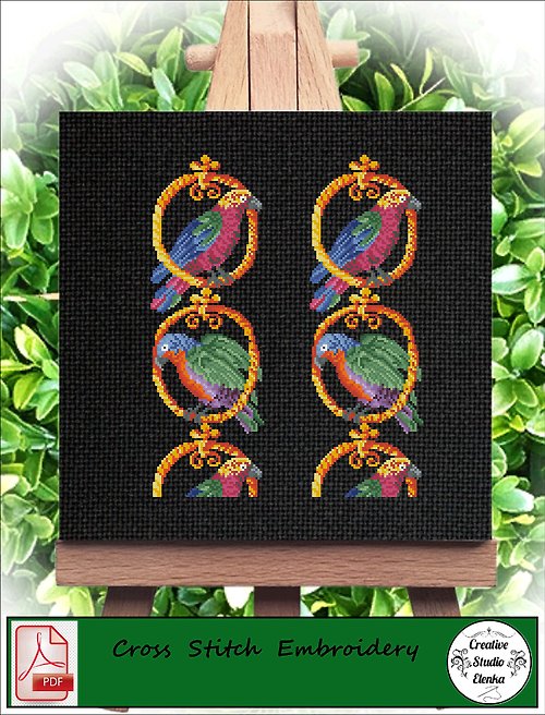 CreativeStudioElenka Vintage Cross Stitch Scheme Border parrots - PDF Embroidery Scheme