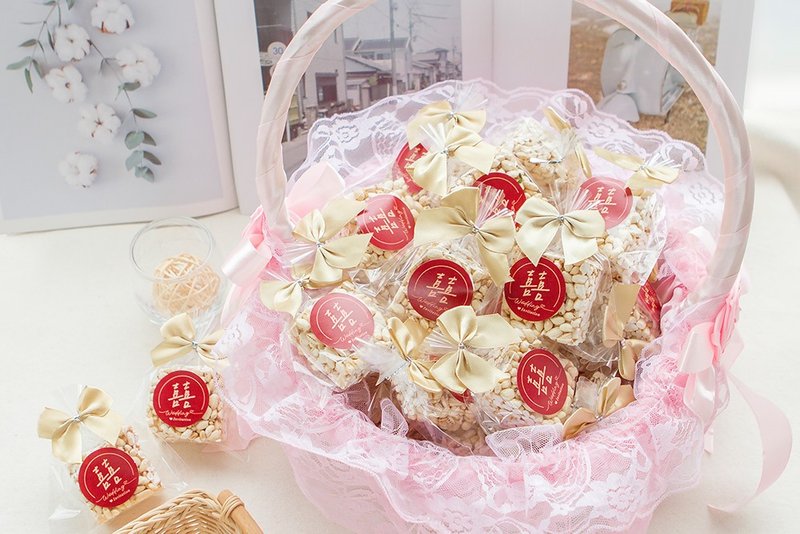 婚禮小物 手寫風紅色囍字米香x50個+大提籃x1個(限宅配) - 手工餅乾 - 其他材質 紅色