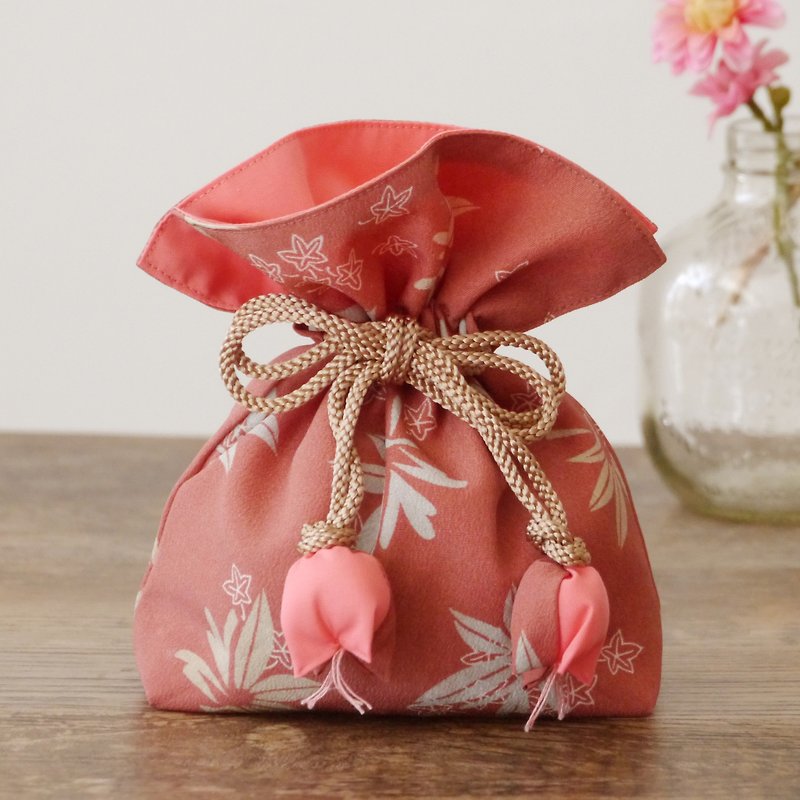 幸せ巾着　FUGURO　紅葉文 - 化妝袋/收納袋 - 棉．麻 粉紅色