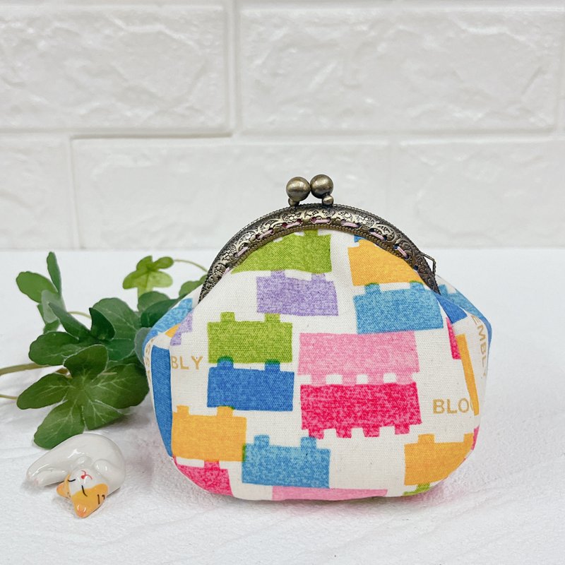 Colorful building blocks - hand-stitched gold coin purse - กระเป๋าใส่เหรียญ - ผ้าฝ้าย/ผ้าลินิน สีกากี