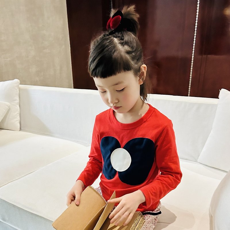 Bow red long-sleeved top/T-shirt children's clothing - Tops & T-Shirts - Cotton & Hemp Red