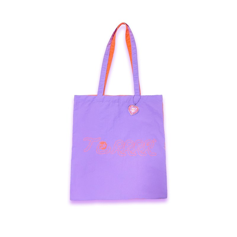 橙紫拼色可愛印花大容量尼龍環保袋 - 側背包/斜背包 - 尼龍 紫色