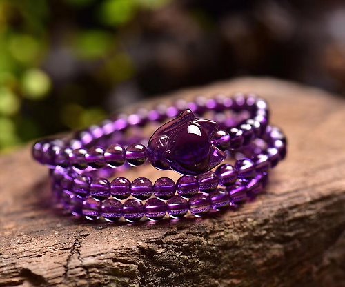 一念之間 精品純天然巴西紫水晶手工雕小狐狸三圈手鏈 配6MM紫水晶珠鏈