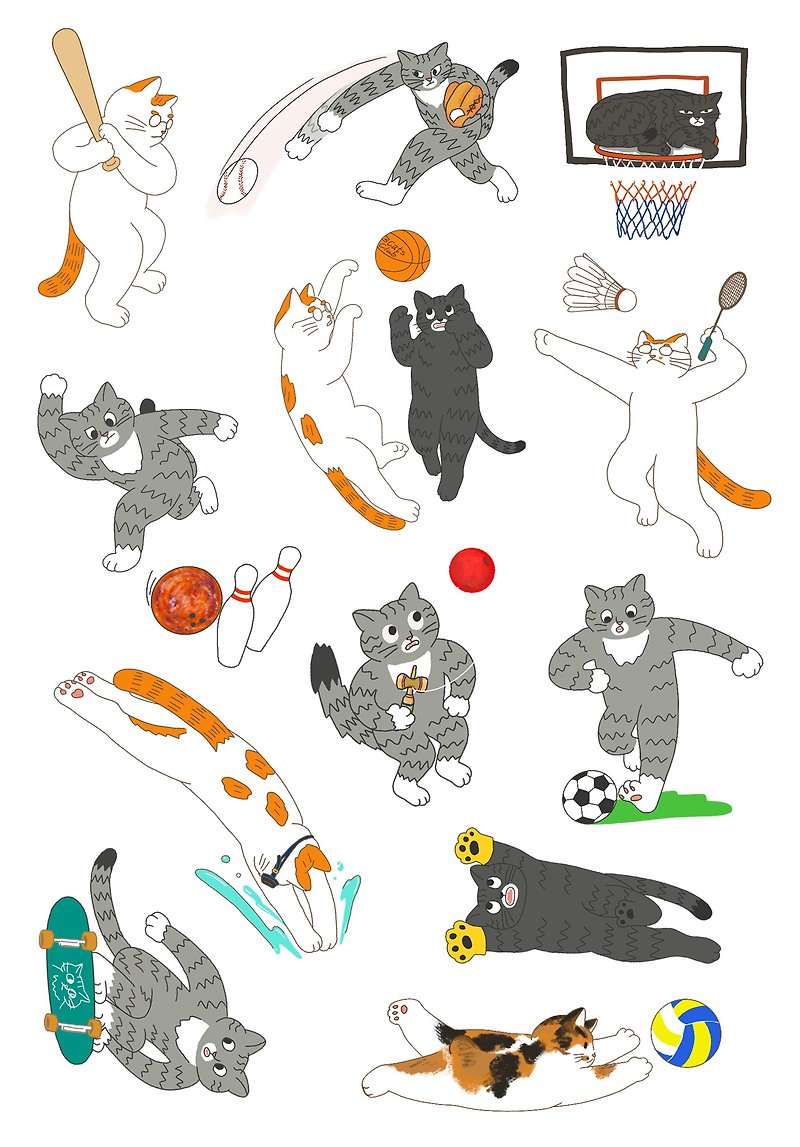 3匹の猫のスポーツクラブのイラストステッカー - シール - 紙 多色