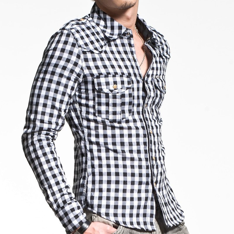 50 combed cotton double layer cotton small lattice pyramid stud long-sleeved shirt with large lattice inner layer - เสื้อเชิ้ตผู้ชาย - ผ้าฝ้าย/ผ้าลินิน 