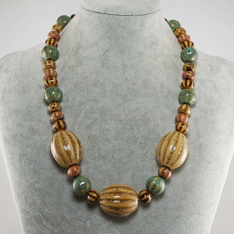 Beige Olive Mint Green Porcelain Ceramic Large Beaded Necklace Woman Jewelry - 項鍊 - 瓷 卡其色