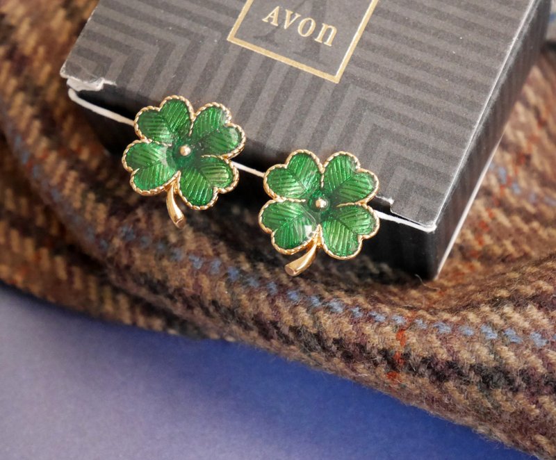 Old and Good Antique Jewelry Gold Green Enamel Clover Needle Earrings AVON 1992 P563 - ต่างหู - โลหะ สีทอง