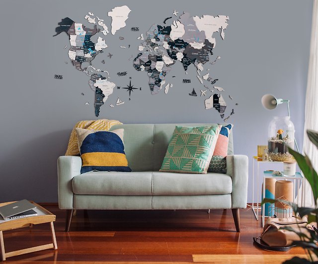 リビングルームの家の装飾、3D木製世界地図、Enjoy The Woodによる旅行