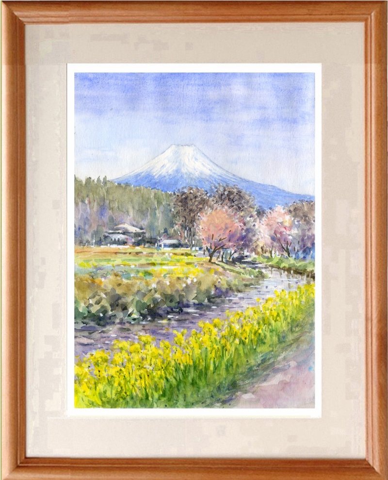 Made to order. Original watercolor painting of Mt. Fuji, rape blossoms and cherry blossoms. - โปสเตอร์ - กระดาษ สึชมพู