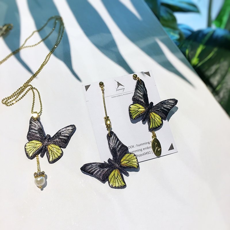 Exclusive-humming embroidery earrings and necklace set-butterfly warm color - ต่างหู - งานปัก สีส้ม