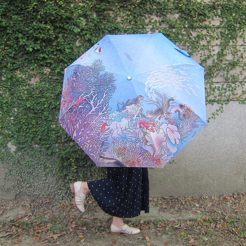 海底古島民藍傘/自動抗風折傘 - 雨傘/雨衣 - 聚酯纖維 藍色
