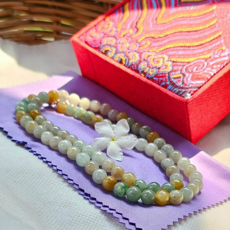 Burmese jade necklace, light green and yellow round beads, natural jade, Type A, size 7 mm, 26 inches - 項鍊 - 貴金屬 綠色