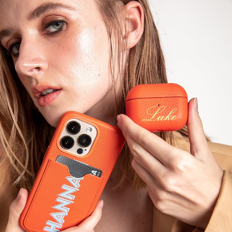 Tangerine Genuine Leather AirPods Case (Free Personalization) - Phone Cases - Genuine Leather Orange