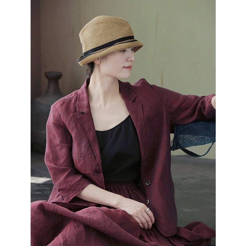 Mottled oxidized red linen lightweight three-quarter sleeve fitted casual suit - Women's Blazers & Trench Coats - Cotton & Hemp 