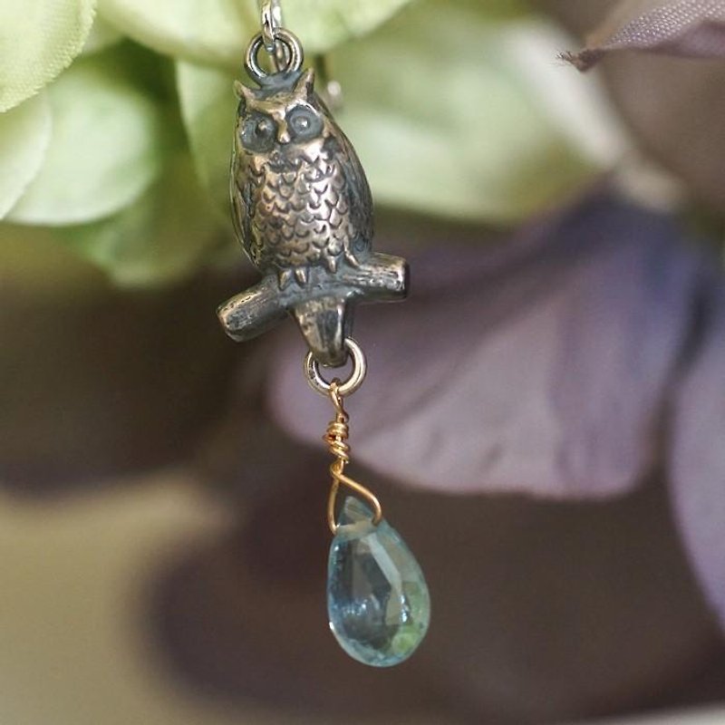 Owl Clip-On aquamarine SILVER one ear - Earrings & Clip-ons - Other Metals Silver