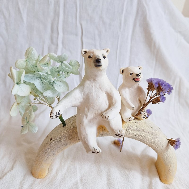 Polar Bear Porcelain Doll, Polar Bear Flower Arranger, Polar Bear Decoration with Photos attached - Items for Display - Porcelain 