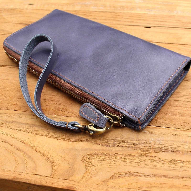 Leather Wallet - X1 - สีน้ำเงิน / 手機袋 / iPhone12 Pro Max bag / 皮包 / 錢包 /長夾/皮夾 - กระเป๋าสตางค์ - หนังแท้ สีน้ำเงิน