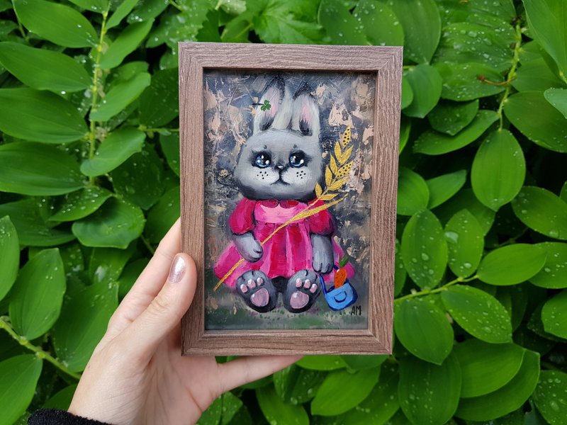 Small original cute animal little bunny artwork hand painted oil painting framed - 壁貼/牆壁裝飾 - 其他材質 