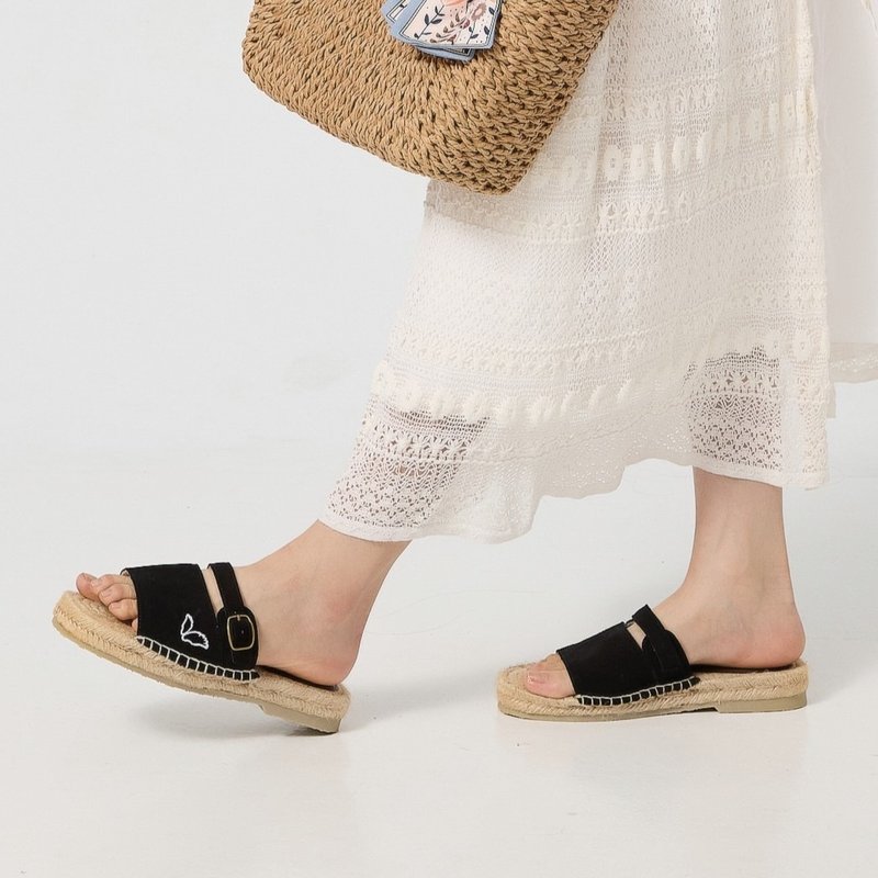 ONESHOE Handmade in Taiwan Leather Espadrilles - รองเท้ารัดส้น - หนังแท้ สีดำ