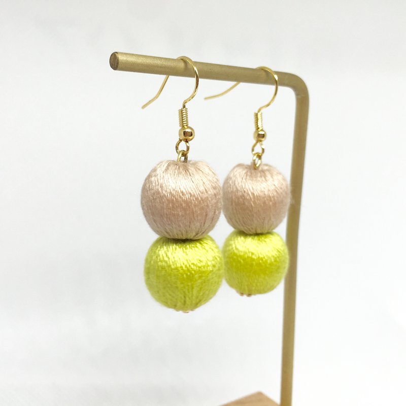 Light Brown x Grass Ball Embroidery Ball Pearl Earrings/Ear clips - Earrings & Clip-ons - Thread Green