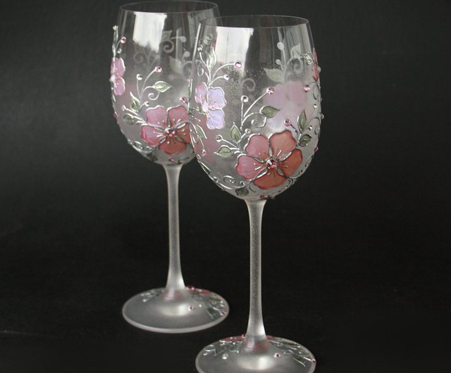 Blue Flowers Wine Glasses, Swarovski Crystals Hand-paintedsetof 2 - Shop  NeA Glass Bar Glasses & Drinkware - Pinkoi