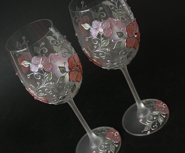 Blue Flowers Wine Glasses, Swarovski Crystals Hand-paintedsetof 2 - Shop  NeA Glass Bar Glasses & Drinkware - Pinkoi