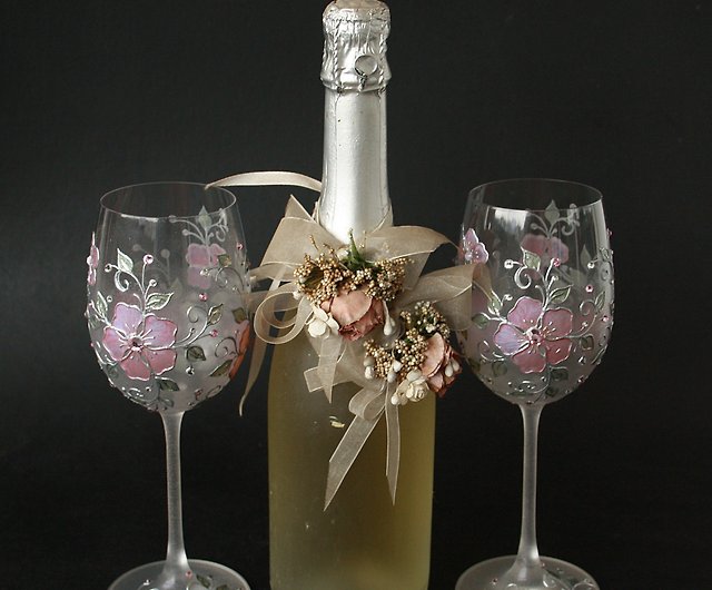 ワイングラス結婚記念日誕生日ピンクの花、スワロフスキー、2個セット ...