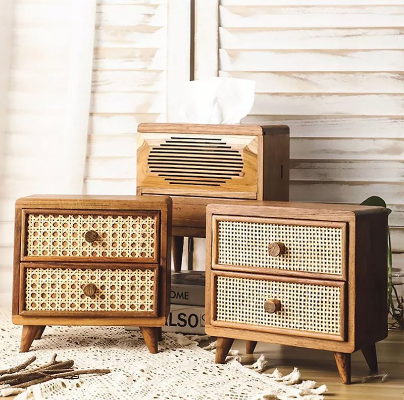 (Wooden box with 2 drawers) Rattan weave, rattan weave, minimal, real wood, jewe - กล่องเก็บของ - ไม้ 