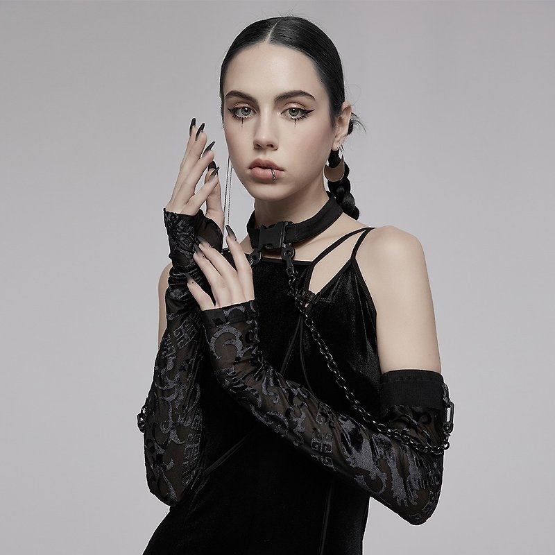 Gothic Forbidden Witch Collar Sleeves/Dragon Pattern/Mesh/Detachable Collar - ถุงมือ - วัสดุอื่นๆ สีดำ
