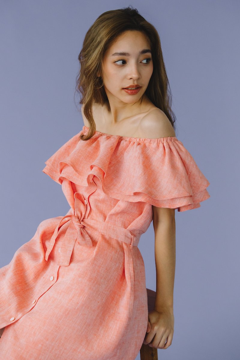 Double ruffle off shoulder mini dress in Peach Chambray - 連身裙 - 棉．麻 粉紅色