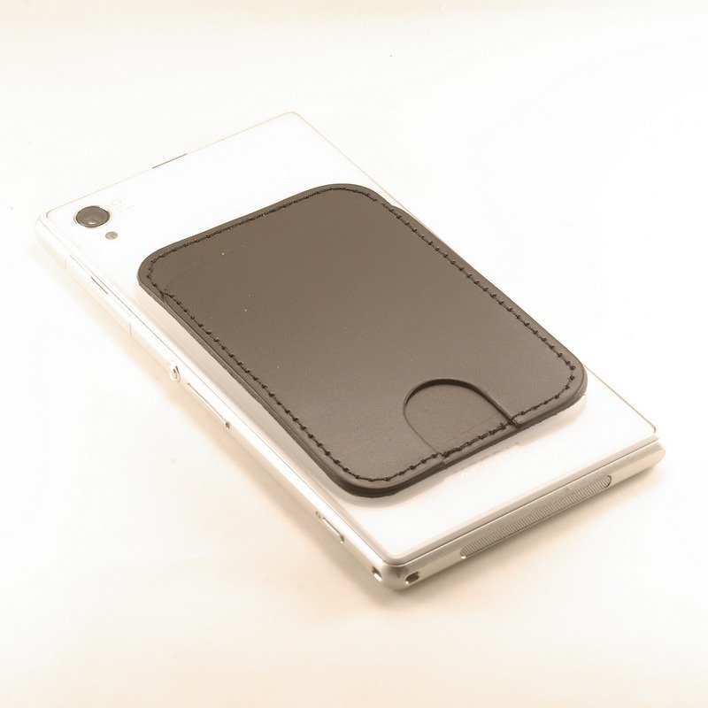 Simple vegetable tanned card holder dark black back sticker mobile phone-customized branding - ที่เก็บนามบัตร - หนังแท้ สีดำ