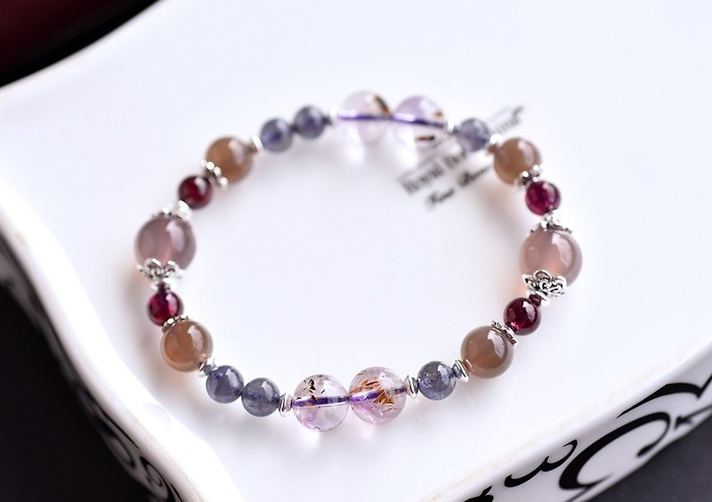 Purple Purple chalcedony + Ti + cordierite crystal Stone+ + cat moonstone silver bracelets - Bracelets - Gemstone Purple