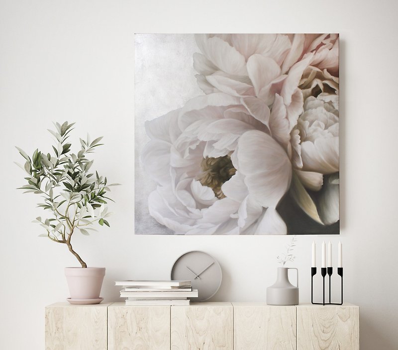 Silver Pink Painting |  Silver Pink Nature | Flower Art | Silk Peonies - 牆貼/牆身裝飾 - 棉．麻 