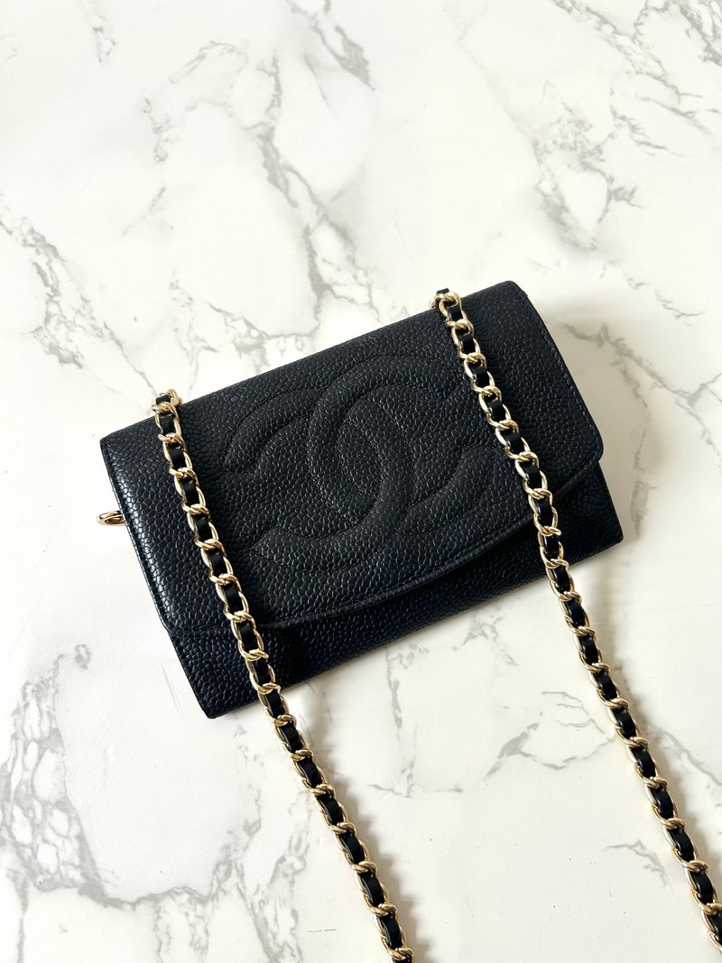 ヴィンテージ シャネル 黒 キャビアスキン チェーンウォレット ショルダーバッグ - ショルダーバッグ - 革 ブラック