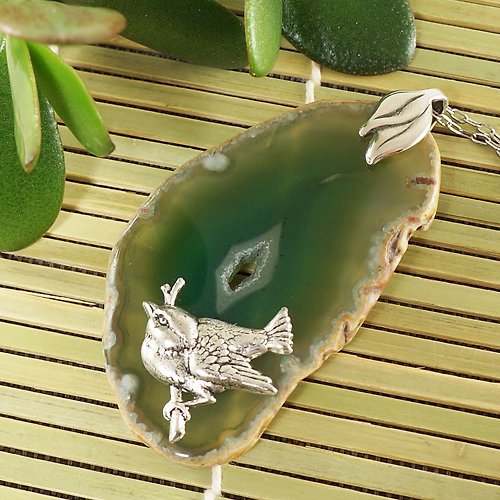 AGATIX Green Agate Slice Slab Geode Silver Bird Forest Pendant Necklace Woman Jewelry