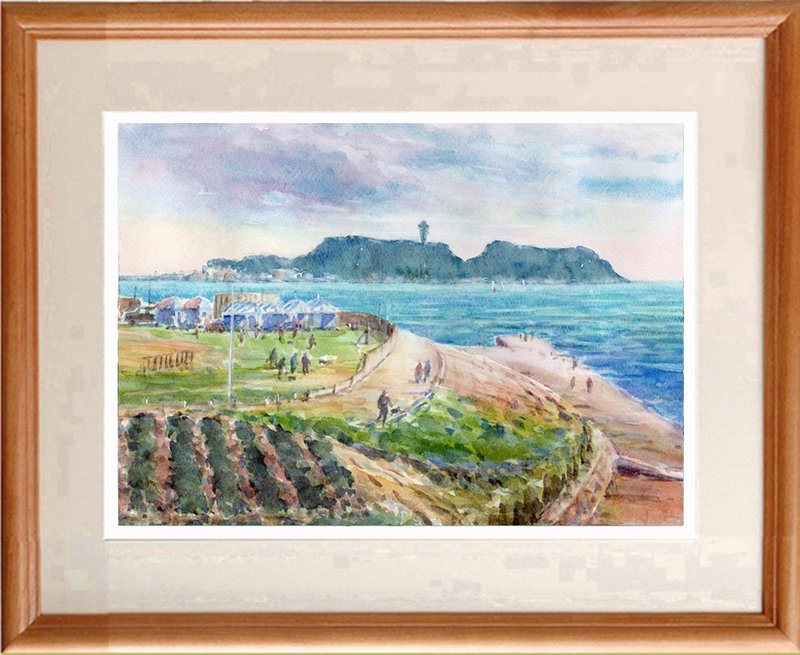 Original watercolor painting Enoshima/Shonan Kaigan Park - โปสเตอร์ - กระดาษ สีน้ำเงิน