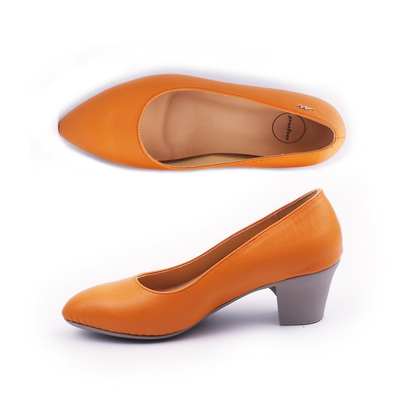 MIT [Decompression and Stabilization Leather Heel Shoes-Orange] Arch Support Thick Heel Leather Breathable and Non-degumming - รองเท้าส้นสูง - หนังแท้ สีส้ม