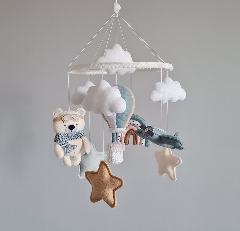 Baby mobile boy with plane rainbow bear, Nursery hanging mobile, Felt decor - 寶寶/兒童玩具/玩偶 - 其他材質 藍色