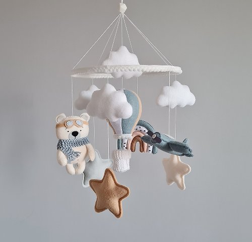 OhMyPenguin Baby mobile boy with plane rainbow bear, Nursery hanging mobile, Felt decor