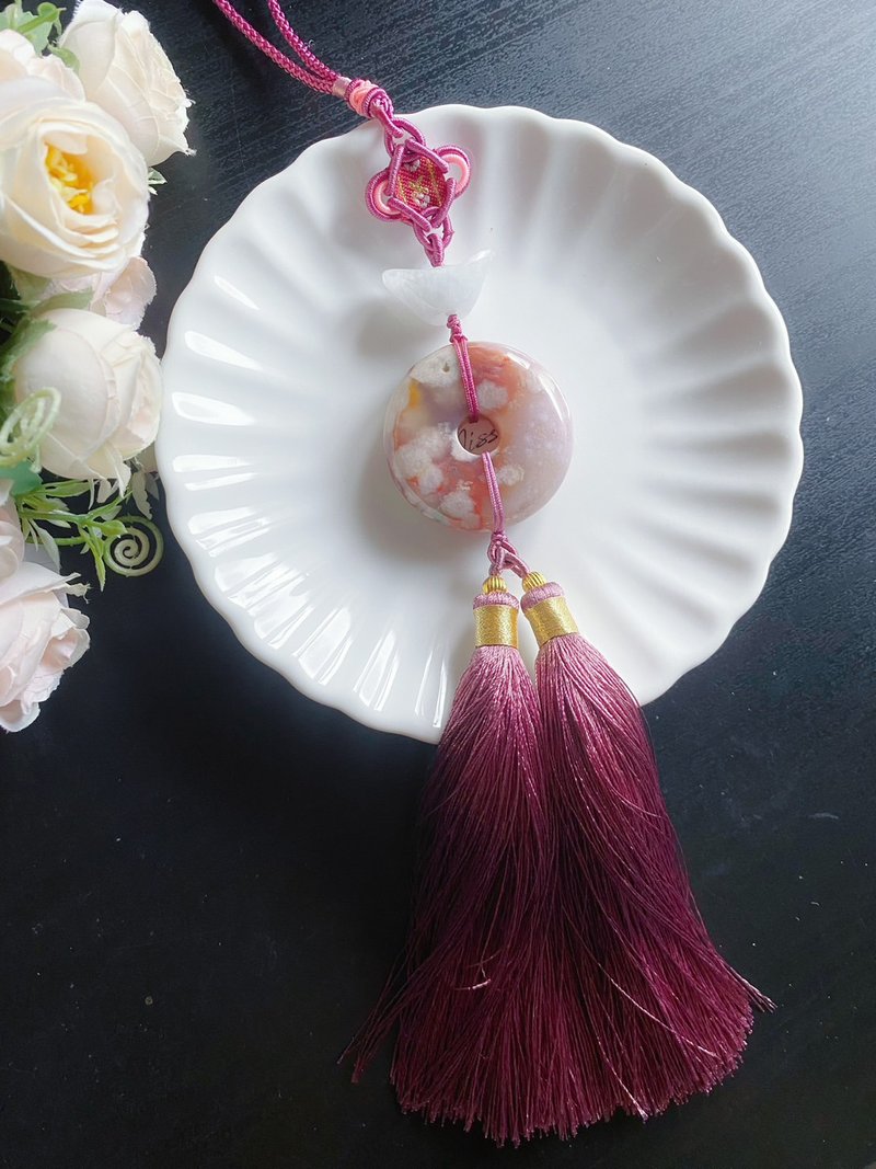 天然 櫻花瑪瑙 牛血紅透體水中花 大平安扣 翡翠玉元寶 車掛 包掛 - 手機掛繩/背帶 - 水晶 粉紅色