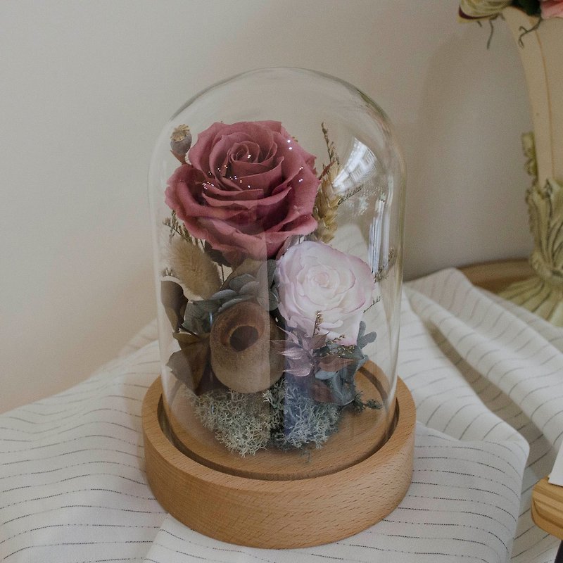 新款永生花厚底玻璃罩 古典豆粉永生玫瑰 生日禮 交換禮物 - 乾燥花/永生花 - 植物．花 灰色