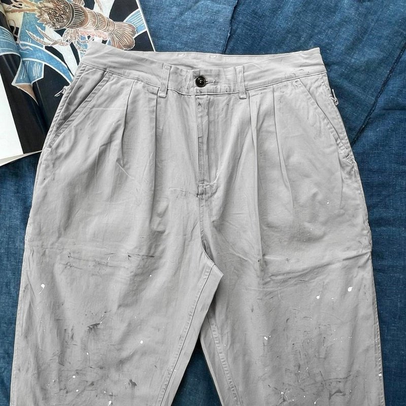 MajorFolk ink-splashed and distressed cotton loose drawstring Japanese style light gray men's casual pants - กางเกงขายาว - ผ้าฝ้าย/ผ้าลินิน 