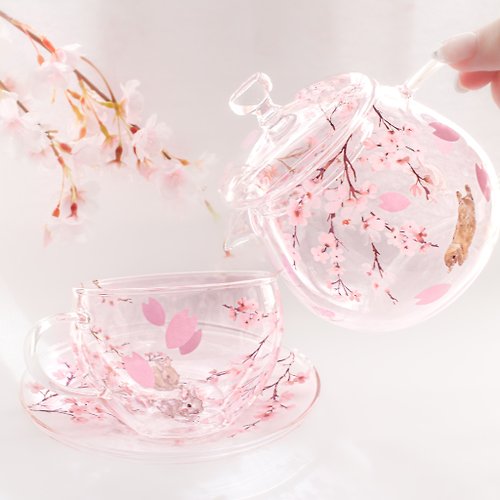 blanche-neige 耐熱ガラスのティーセット〜枝垂れ桜とうさぎの日向ぼっこ〜