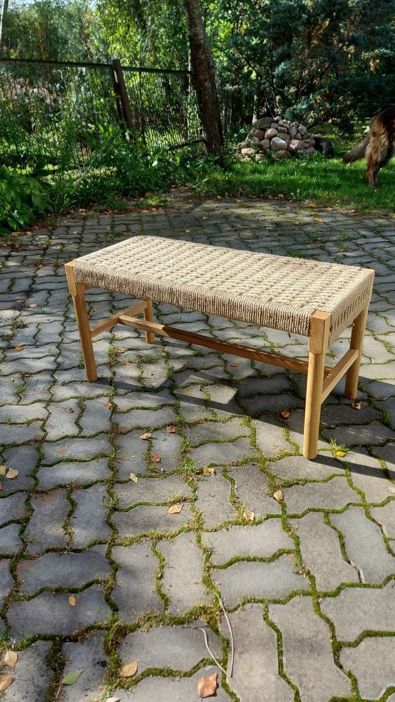 Oak woven bench. Bange with jute rope weaving - 椅子/沙發 - 木頭 咖啡色