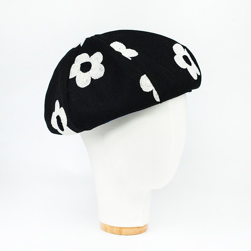 手工 貝蕾帽 貝雷帽 畫家帽 羊毛 黑白【白練織花】限量 B-98 - 帽子 - 棉．麻 黑色